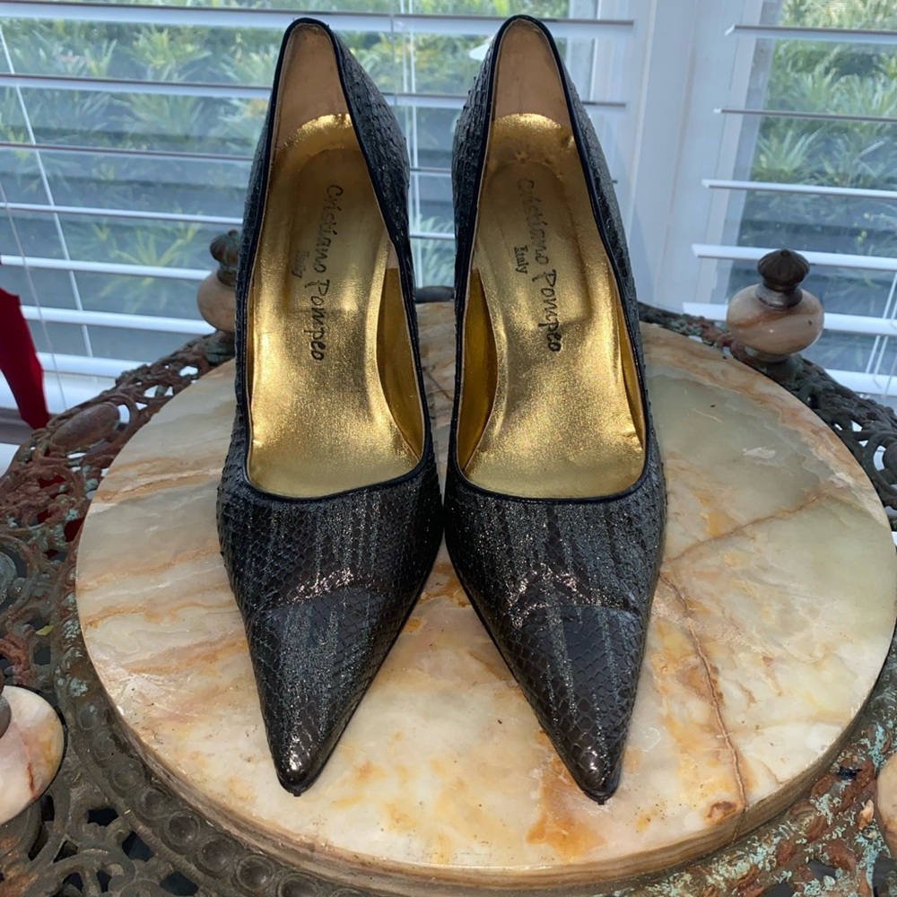 Cristiano Pompeo black&silver metallic snakeskin pointed-toe pumps Sz 37 Vintage